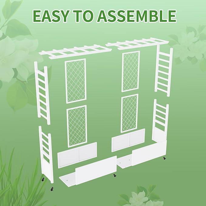 Raised Garden Bed with Trellis & Hanging Roof, Weatherproof Metal Planter Box with Wheels, Garden Arch Trellis for Outdoor Climbing Plants Vines Flowers, 74" H x 77" L x 17" W, White
