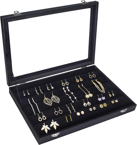 Earring Organizer Tray, Jewelry Tray with Lid, Earring Storage Box, and Jewelry Display Case, Keep Your Earrings Organized and Secure with This Stylish and Functional Earring Tray (Black)