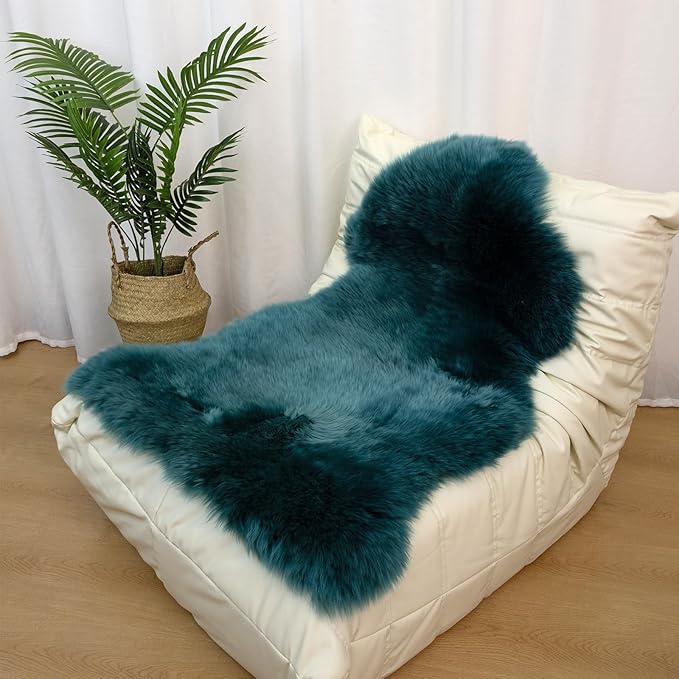 Genuine Sheepskin Rug New Zealand Luxury Lambskin Rug, Natural Fluffy Sheepskin Throw for Bedroom Living Room Children's Room - Premium Area Rug Chair Cover (2×3 Feet, Dark Teal Blue)