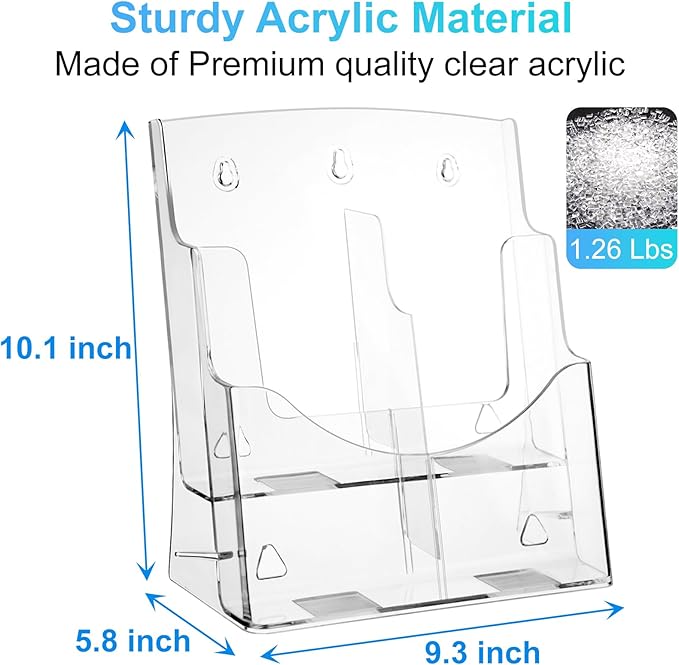 Acrylic Brochure Holder 8.5x11 & 4 x9 Inches, Clear 2 Tier Magazine Holder Brochure Display Stand w Removable Divider, Literature Pamphlet Flyer Holder for Wall Mount or Countertop