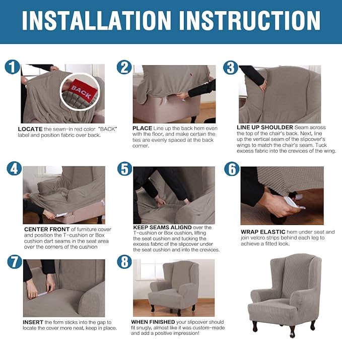 H.VERSAILTEX Wing Chair Slipcover Chair Covers for Wingback Chairs Wingback Chair Covers Slipcovers 1 Piece Stretch Sofa Cover Furniture Protector Soft Spandex Jacquard Checked Pattern, Taupe