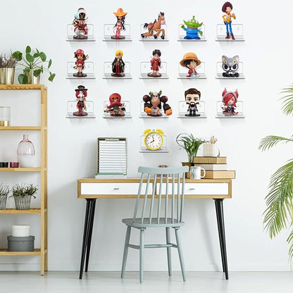 Acrylic Mini Floating Shelf, 16 Pack - Clear, Modern Wall Shelf for Office, Bedroom, Living Room - Mounted Storage for Pop Figures, Plants, Pictures