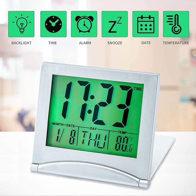 Small Digital Travel Alarm Clock Battery Operated, Portable LCD Large Display Alarm Clock with Backlight, Temperature Desk Clock -Silver(Green Light)