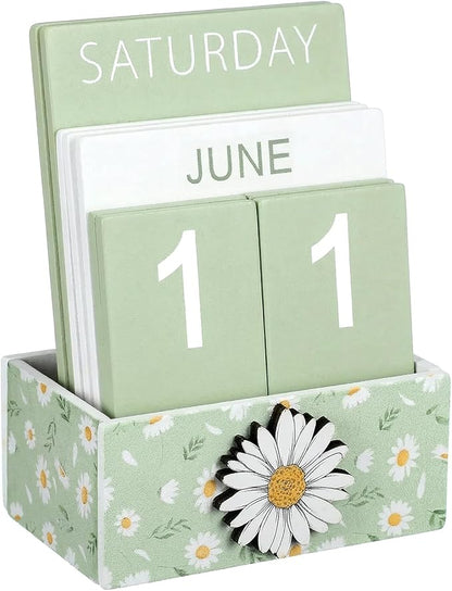 Green Daisy Flower Wood Block Perpetual Calendar Coquettish Desk Decor Cute Month Week Date Display Decorative Block Calendar for Women Office Home Desk Gift for Women