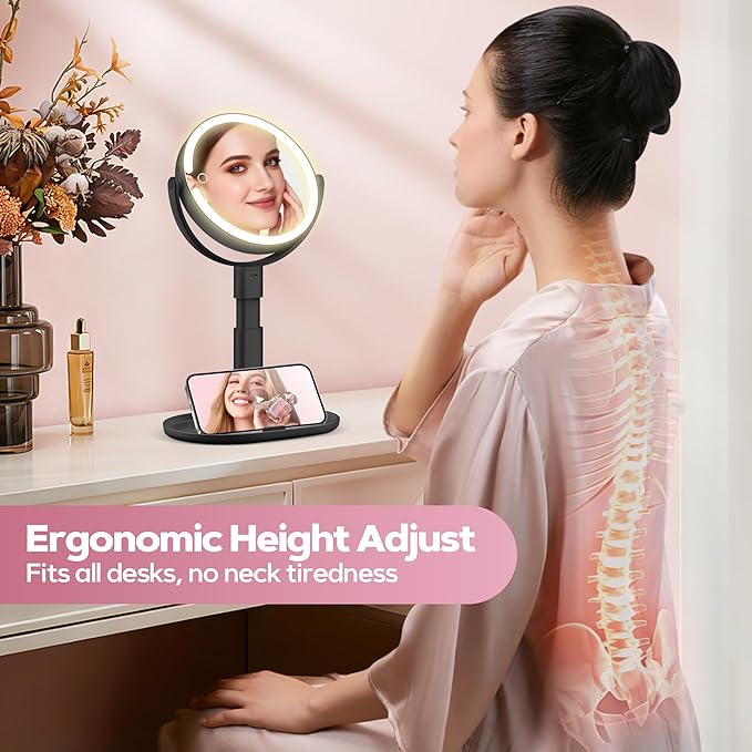 Makeup Mirror with Lights, 30X Magnifying & Height Adjustable, Lighted Magnifying Mirror with 3 Light Modes and Stepless Dimming, Vanity Mirrors for Bathroom, Birthday Gift for Women, Black