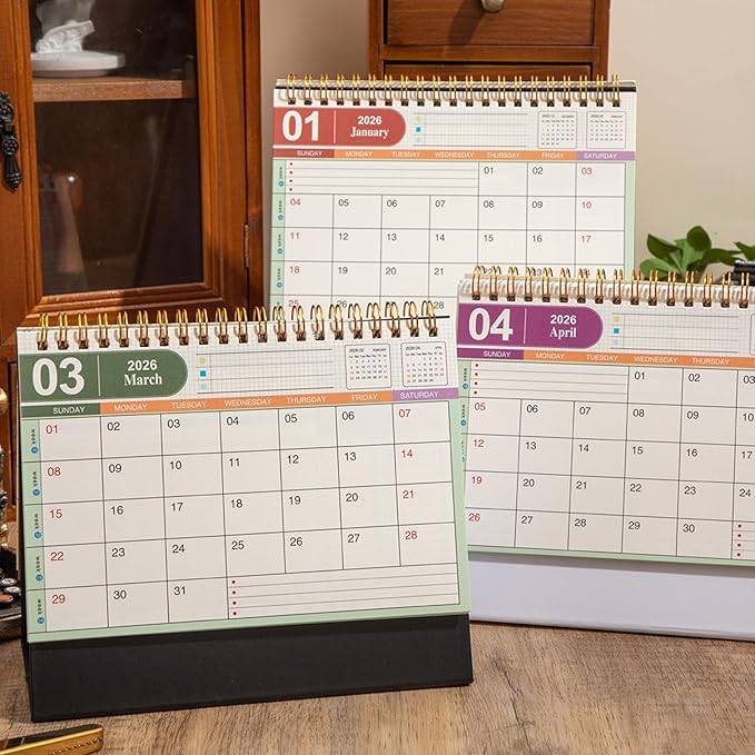Small Desk Calendar 2025-2026, Use Now to Dec 2026, Standing Flip Desk Calendar with To-do List & Notes, Metal Ring Twin-Wire Binding with Stickers, Monthly Desktop Calendar for Home Office (Black)