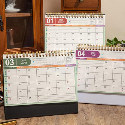 Small Desk Calendar 2025-2026, Use Now to Dec 2026, Standing Flip Desk Calendar with To-do List & Notes, Metal Ring Twin-Wire Binding with Stickers, Monthly Desktop Calendar for Home Office (Black)