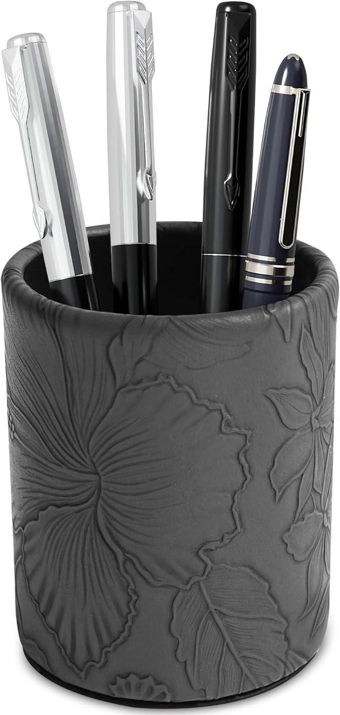 PU Leather Pen Holder Round Flash Makeup Brush Holder Desktop Pencil Storage Holder Gift for Desk Office Classroom Home(1-Carved Black)