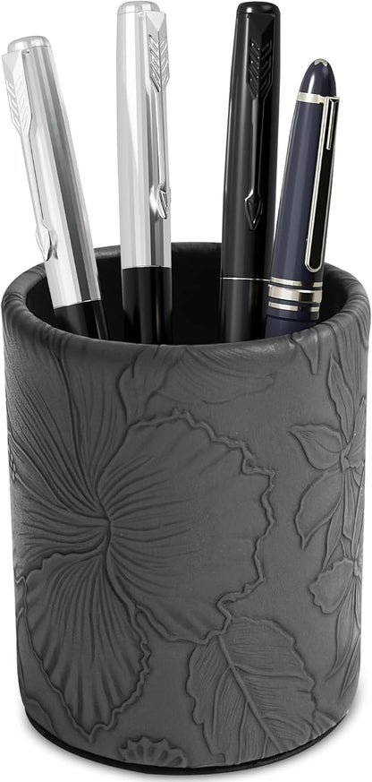 PU Leather Pen Holder Round Flash Makeup Brush Holder Desktop Pencil Storage Holder Gift for Desk Office Classroom Home(1-Carved Black)