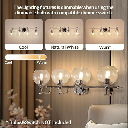 ANDY STAR 4-Light Bathroom Vanity Light, Chrome Wall Sconce, Anti-Rust Metal Bathroom Light with Hight-Quality Clear Glass, Bath Wall Lamp for Mirror, Kitchen, Living Room, Bedroom, Hallway, 30.5"