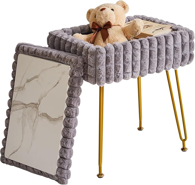 IBUYKE Rectangle Vanity Chair with Storage Space, Footrest Footstool Ottoman, Vanity Stool, Dressing Table Chair, with Anti-Slip Feet, for Makeup Room, Bedroom, Square Grid Pattern, Grey WBD004G