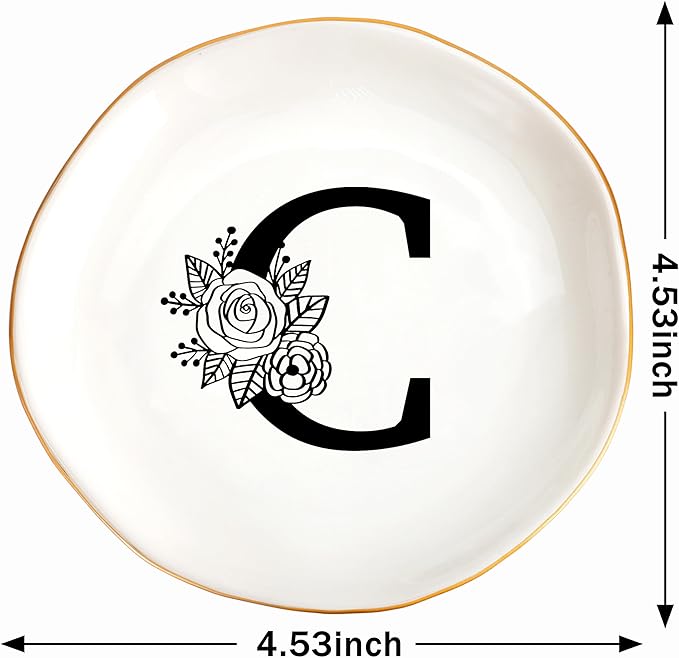 JoycuFF Initial C Ceramic Jewelry Tray, Bridesmaid Bride Gifts, Mothers Day Christmas Anniversary Engagement Birthday Gifts for Women Couples, Trinket Dish for Rings Earrings Necklaces Bracelets Keys