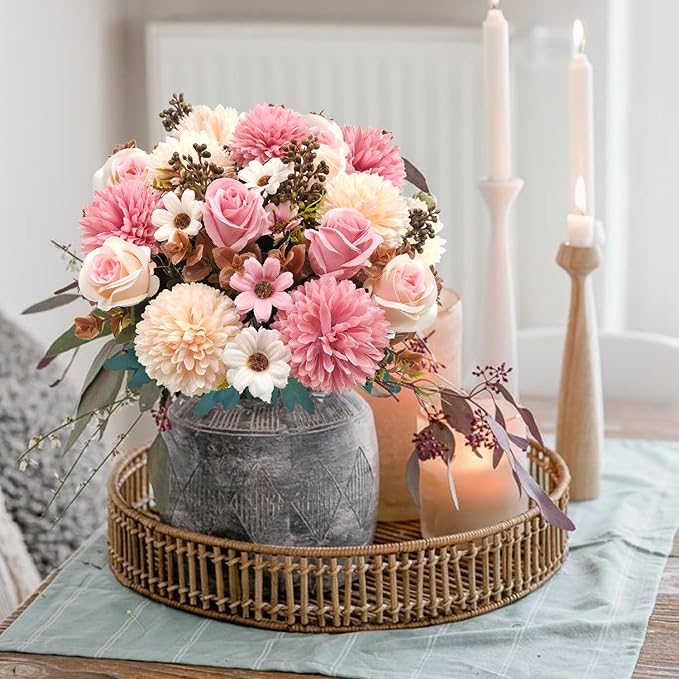 3 Pcs Fall Flowers Artificial Mums Silk Fake Mums Bouquet Faux Floral Arrangements Home Indoor Outdoor Planter Decor Party Wedding Table Autumn Decoration (Pink)