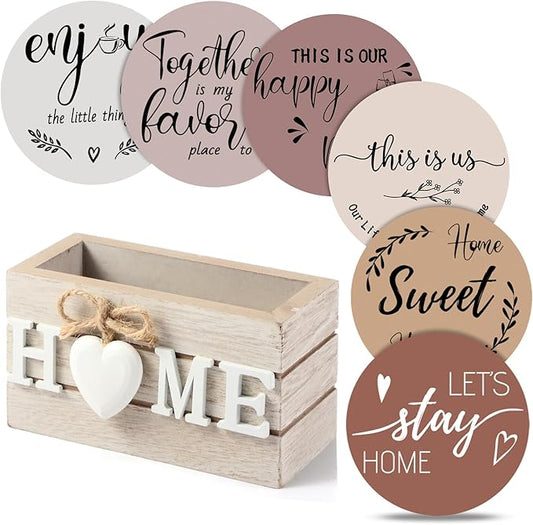 Queekay Coasters Set of 6 House Warming Gifts New Home Wooden Farmhouse Drink Coasters with Holder 4'' Funny Decoration for Kitchen Family Coffee Bar Tabletop Protection(Light Brown)