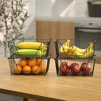 Slideep 14'' Black Stackable Storage Baskets Sturdy Metal Wire Freezer Bins Cabinet Organizer for Pantry Home Bathroom Kitchen Organization- Set of 2