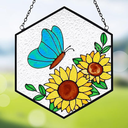 Stained Glass Butterfly Sunflower Suncatcher Window Hanging Ornament, Light Transmission Hand Paint Sun Catchers for Women Gifts, for Lover