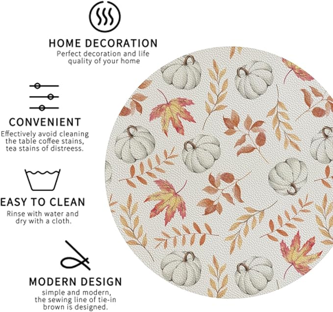 Fall Pumpkin and Leaves Coaster Set of 4 Autumn Cup Coasters for Drinks Thanksgiving Waterproof Wipeable PVC Round Coasters Mat for Coffee Beer Wine Outdoor Patio Table Bar Desk Seasonal Desk Decor