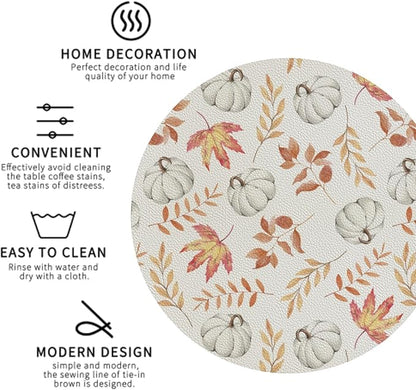 Fall Pumpkin and Leaves Coaster Set of 4 Autumn Cup Coasters for Drinks Thanksgiving Waterproof Wipeable PVC Round Coasters Mat for Coffee Beer Wine Outdoor Patio Table Bar Desk Seasonal Desk Decor
