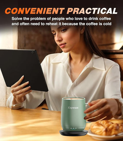 Kepwam Self Heating Coffee Mug T2, 16oz Smart Heated Coffee Mug, 150 Min Battery Life - Hot up to 149℉ Temperature Control Coffee Mug Warmer, Gifts for Dad Mom (No APP)