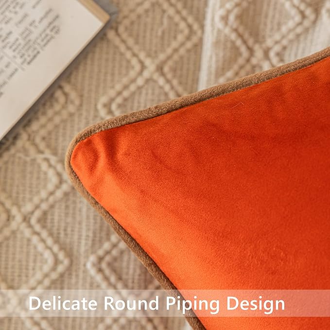 LIGICKY Set of 2 Fall Pillow Covers Rust Velvet Throw Pillow Covers Decorative Modern Autumn Rope Edging Soft Square Cushion Cases for Sofa Bedroom Party Décor, 18 x 18 inch