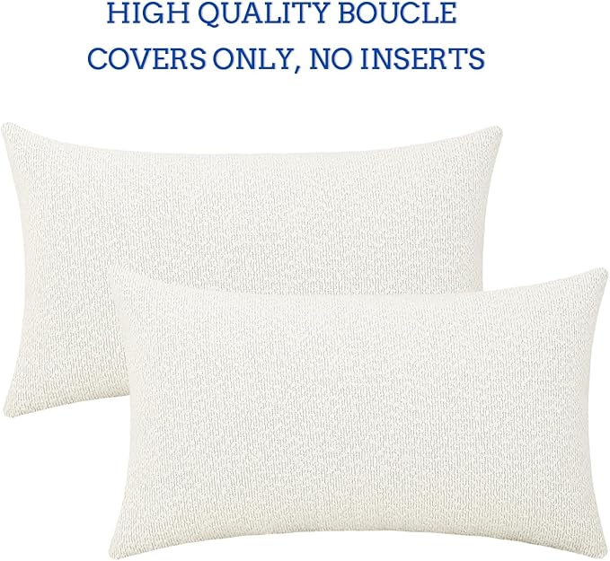 Jeneoo Ivory Decorative Lumbar Thick Throw Pillow Covers Fine Textured Boucle Couch Cushion Cases for Sofa Decor, Set of 2, 12 x 20 Inch