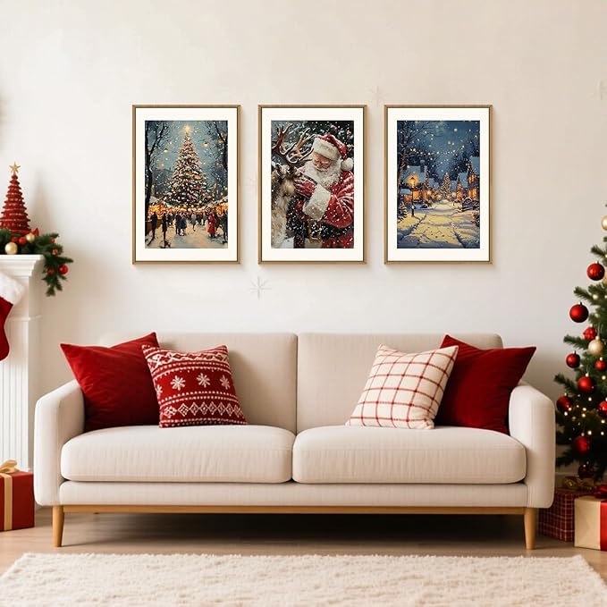 Aryroi Large Enchanting Christmas Framed Canvas Wall Art Set,Santa Claus Reindeer Wall Decor,Magical Glowing Christmas Tree Artwork,Winter Snowy Village Art Print for Living Room,Bedroom- 16"x24"x3