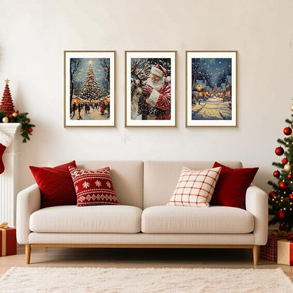 Aryroi Large Enchanting Christmas Framed Canvas Wall Art Set,Santa Claus Reindeer Wall Decor,Magical Glowing Christmas Tree Artwork,Winter Snowy Village Art Print for Living Room,Bedroom- 24"x36"x3