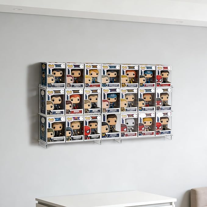 2 PCS Wall Display Shelves Compatible with 21 Funko Pop in Box Acrylic Floating Display Shelves Clear Tiered Display Shelf for Collectibles Stackable Action Figure Stand for Boxed Figures Display Case