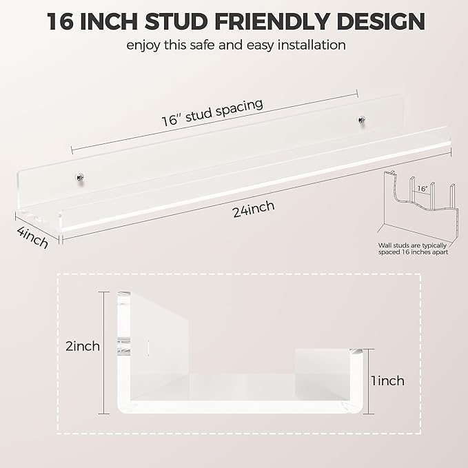 HBlife 24 Inches Floating Shelves Wall Mounted Clear Acrylic Shelves for Figures, 16 Inch Stud Spacing Invisible Floating Bookshelf for Kids and Nursery, 2 Pack (5MM Thick)