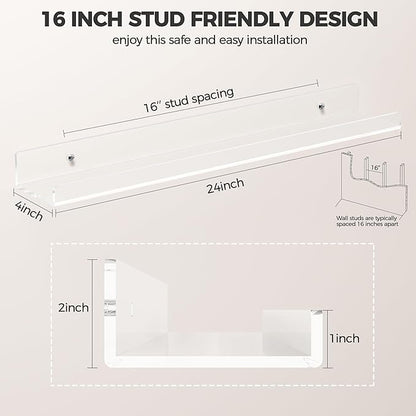 HBlife 24 Inches Floating Shelves Wall Mounted Clear Acrylic Shelves for Figures, 16 Inch Stud Spacing Invisible Floating Bookshelf for Kids and Nursery, 2 Pack (5MM Thick)