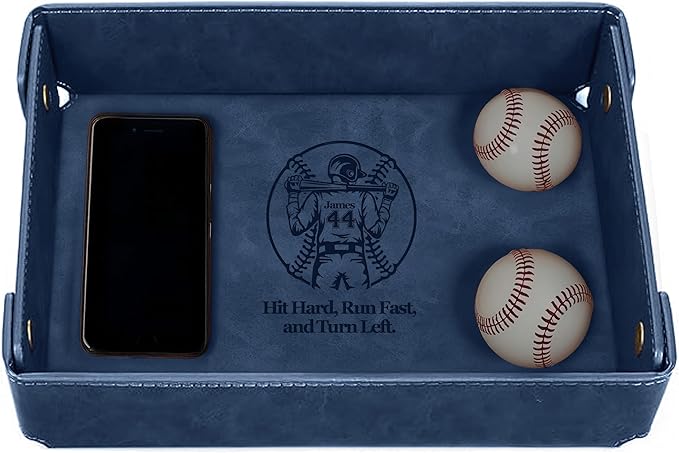 Engraved Baseball Valet Tray–Personalized Leather Catchall with Custom Name–Men’s Nightstand Organizer for Keys, Wallet, Jewelry, and Essentials – Unique Baseball Fan Gift for Home or Office - Blue