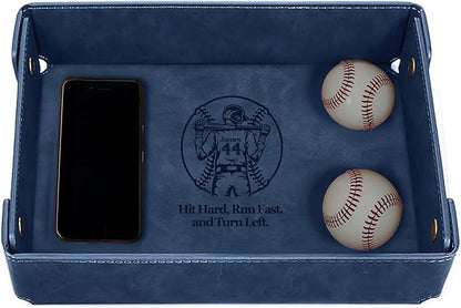 Engraved Baseball Valet Tray–Personalized Leather Catchall with Custom Name–Men’s Nightstand Organizer for Keys, Wallet, Jewelry, and Essentials – Unique Baseball Fan Gift for Home or Office - Blue