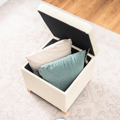 Adeco Faux Leather Storage Ottoman with Hinged Lid, 16 Inch High Light Yellow Ivory Square Cube Foot Stool with Storage, Upholstered Vanity Stool with Solid Wood Legs for Living Room, Bedroom