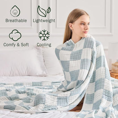 EMME Checkered Cotton Blanket Queen Size for Bed Soft Large Muslin Bamboo Bed Blankets 80"x90" Lightweight Breathable All Season Gauze, Teal