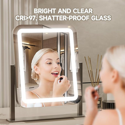 PRIMETEK Vanity Mirror with Lights, 16"x14" Large LED Lighted Makeup Mirror, Hollywood Makeup Mirror, Touch Screen, 3-Color Lighting, 5X Magnification, for Vanity Desk Tabletop, Bedroom, Black