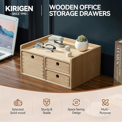 KIRIGEN Desk Organizer with 3 Drawers - Wood Drawer Storage Box with Trays for Tabletop - Workspace Office Toiletries Supplies Tool Caddy - Wooden Storage Cabinet Natural（DT1D3C-NA）