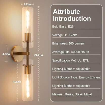 Brass Gold 2-Light Knurled Wall Sconce, Dual-Head Vanity Lamp Set of Two with Clear Glass Tube, Bathroom Wall Sconces, Wall Lights for Living Room Bedroom Hallway Kitchen Bathroom Mirror