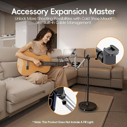 Phone Stand for Recording, Digital Heavy Duty Stand with Wheels and Weight Base, Free Rotation Aluminum Phone Mount with Adjustable Angles & Height for Content Creation, Floor Phone Stand