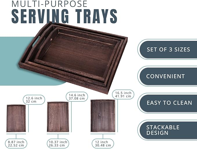 Comfify Serving Trays Set of 3 - Ottoman Wood Trays for Entertainment, Food and Decor - Rustic Farmhouse Distressed Wood Finish - Brown