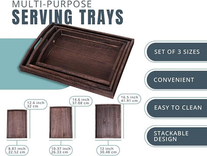 Comfify Serving Trays Set of 3 - Ottoman Wood Trays for Entertainment, Food and Decor - Rustic Farmhouse Distressed Wood Finish - Brown