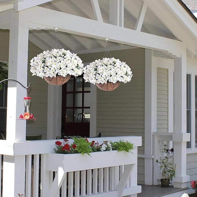 Hanging Planters with Plant Hangers for Indoor Outdoor Decor 2 Pack Artificial White Bougainvillea 30CM Half-Round Coconut Fiber Wall-Mounted Hanging Baskets with Sturdy Iron Chain and Frame