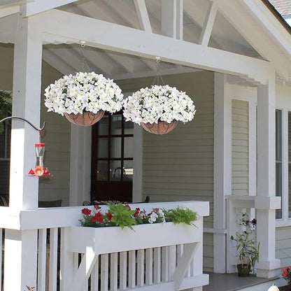 Hanging Planters with Plant Hangers for Indoor Outdoor Decor 2 Pack Artificial White Bougainvillea 30CM Half-Round Coconut Fiber Wall-Mounted Hanging Baskets with Sturdy Iron Chain and Frame