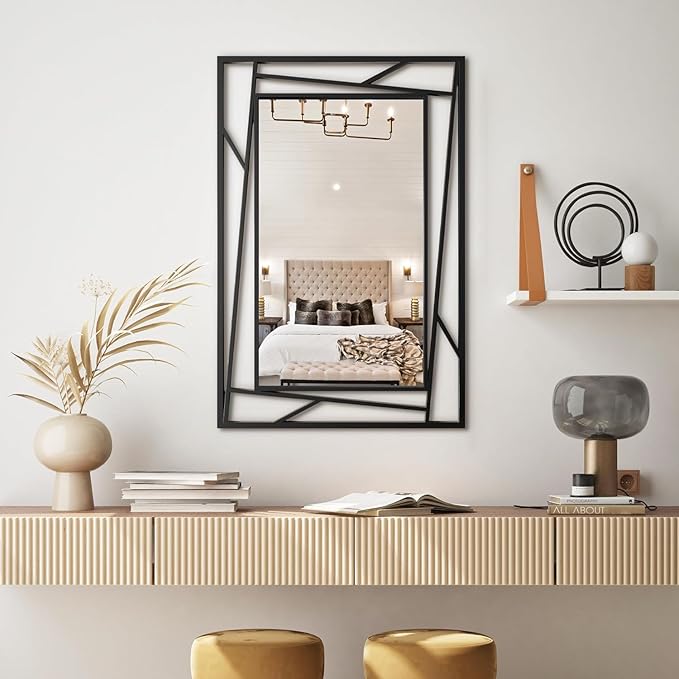 Rectangular Wall Mirror, 36''X24'' Matte Black Metal Framed Farmhouse Bathroom Mirrors for Bedroom Entryway Living Room, Hang Horizontally or Vertically