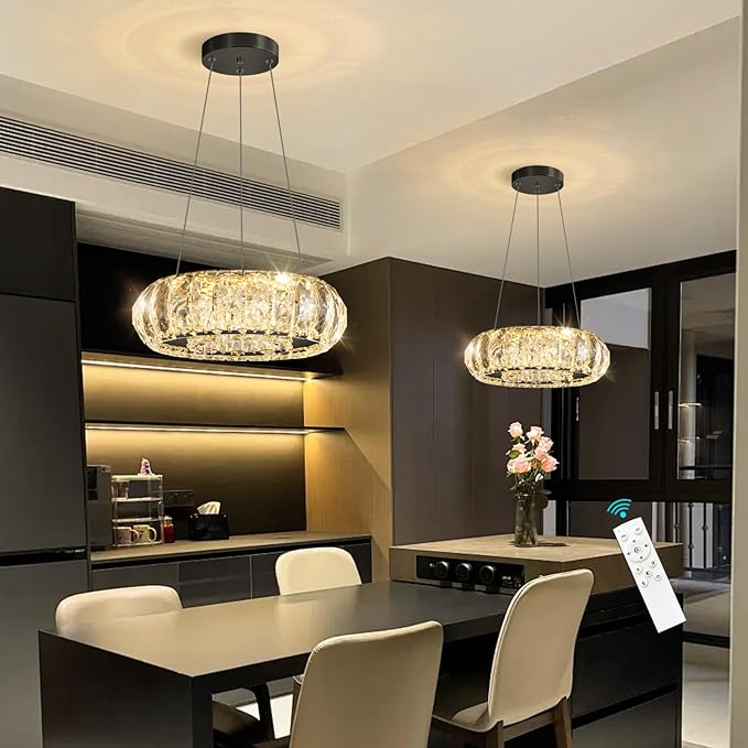 Crystal Round Chandelier Modern LED Dining Pendant Lights for Kitchen Island Dining Room Remote Dimmable Hanging Light Entrance Bedroom Lighting Black