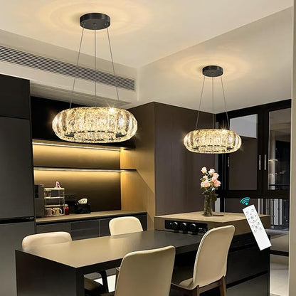 Crystal Round Chandelier Modern LED Dining Pendant Lights for Kitchen Island Dining Room Remote Dimmable Hanging Light Entrance Bedroom Lighting Black