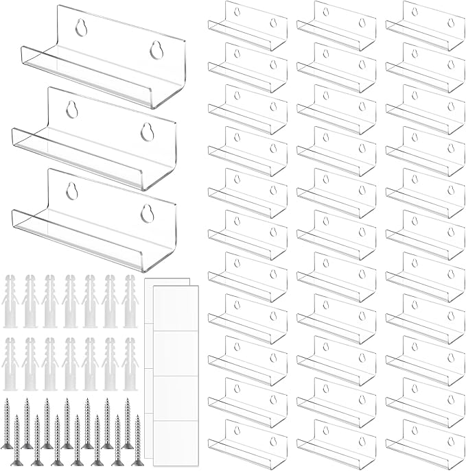 24 Pack Vinyl Record Shelf Wall Mount, 4 Inch Acrylic Wall Mount Shelves, Clear Acrylic Album Record Holder Display, Floating CD Rack Storage Hanger, Floating Walls Shelves
