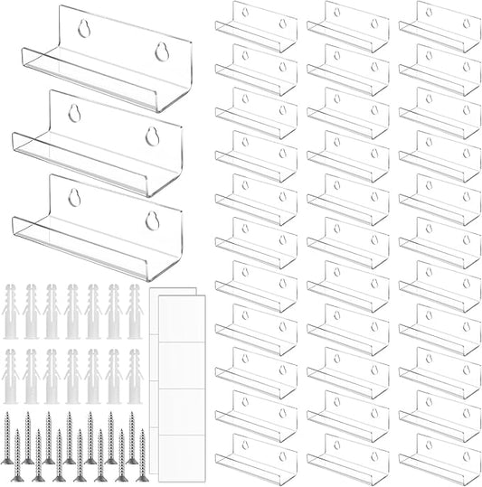 24 Pack Vinyl Record Shelf Wall Mount, 4 Inch Acrylic Wall Mount Shelves, Clear Acrylic Album Record Holder Display, Floating CD Rack Storage Hanger, Floating Walls Shelves