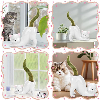 TOIVO Unique Cat Planter Pot，Indoor and Outdoor Plant Displays，Funny Ceramics Cat Flower Pot，Gifts for Cat Lovers，Lovely Office Desk Room Home Decor (White, Small)