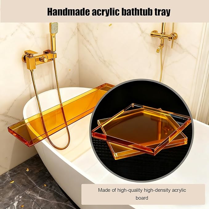 Bathtub Tray Table, Clear Acrylic, Anti-Slip Bath Caddy, (Amber, L29.9 x W7.87 x H1.18)