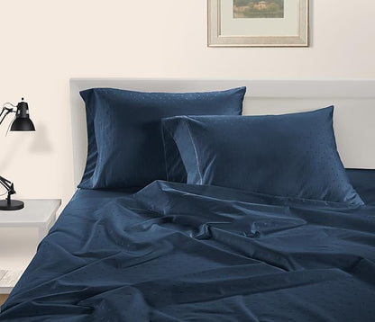 LANE LINEN 100% Egyptian Cotton Queen Sheet Set, 15 inch Deep Pocket, French Reinforced Pocket Seams for Soft, Comfy & Fresh Bed Eco Friendly Cooling Sheets Queen - Swiss Dot Estate Blue